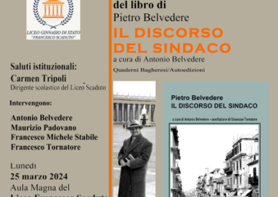 Presentation of the book: “The Mayor’s Speech” by Antonio Belvedere – Monday, March 25, 2024