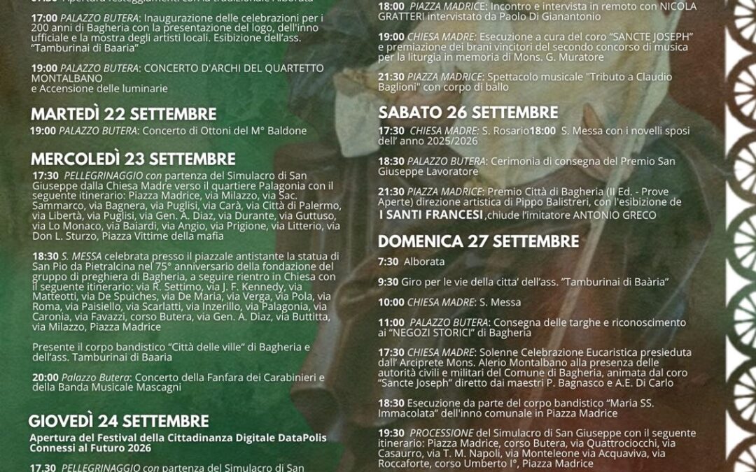 Festeggiamenti di San Giuseppe e Bicentenario di Bagheria (1826-2026) – Dal 21 al 28 settembre 2026